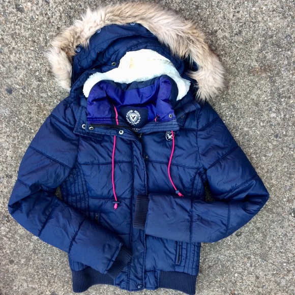 American Eagle Outfitters Jackets & Blazers - American Eagle Navy Blue Puffer Coat Faux Fur